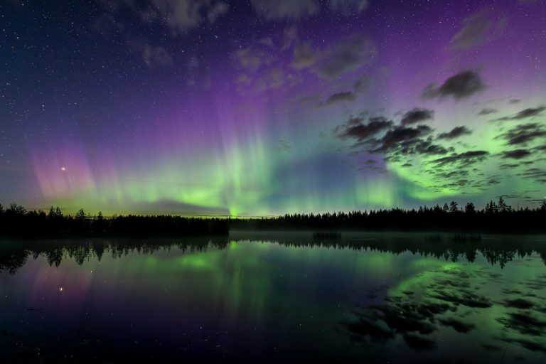 Revontulia yöllisellä taivalla metsän ja veden yllä.