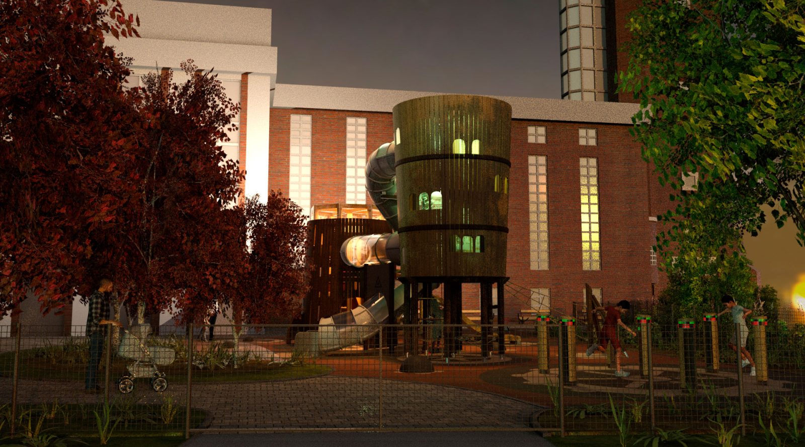 Havainnekuva, jossa hämärässä valaistuksessa iso leikkitorni.