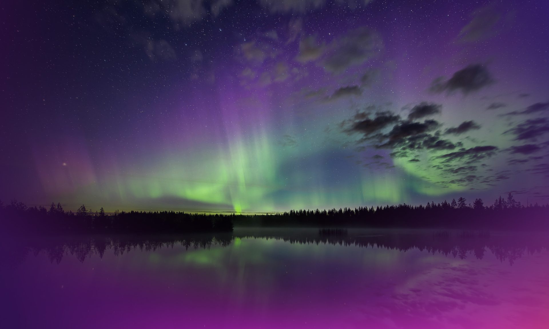 Revontulia yötaivaalla metsän ja vesistön yllä.