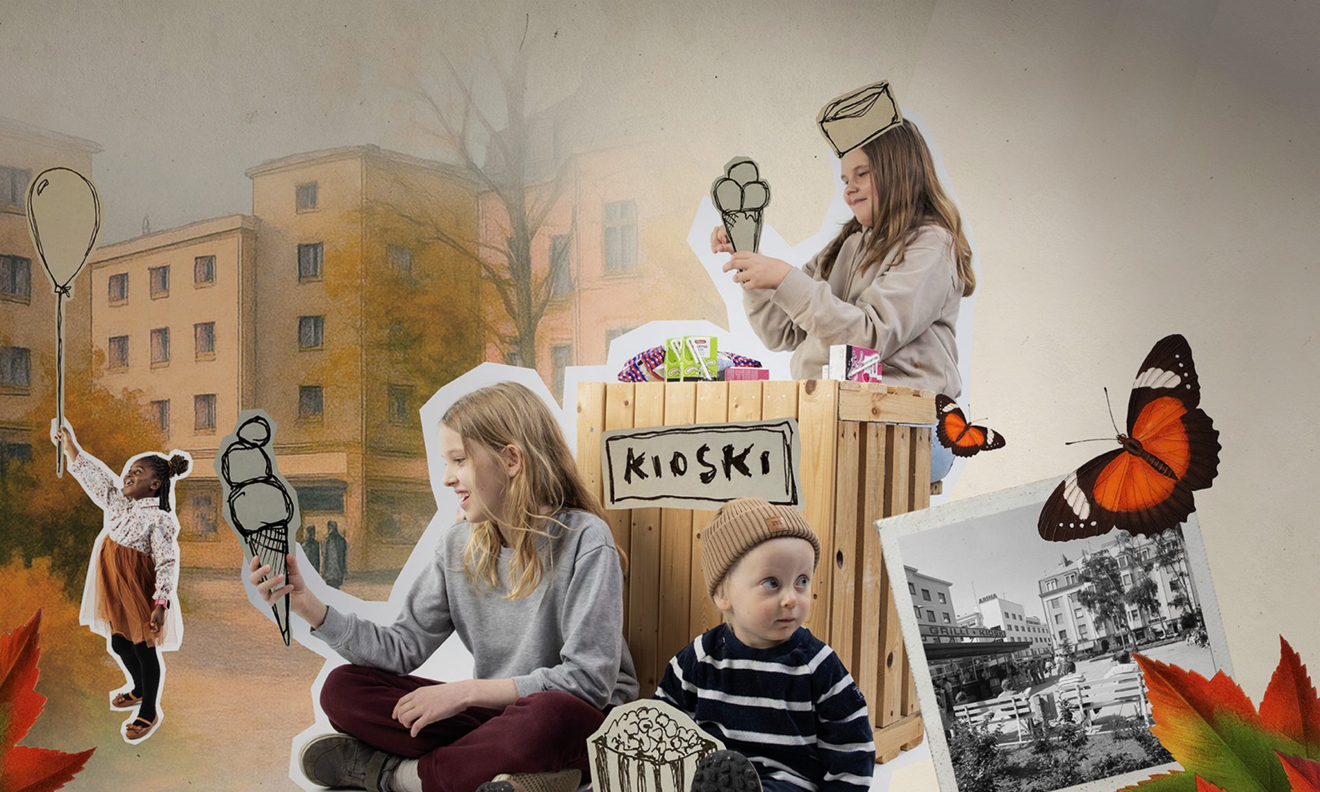 Lapsia vanhanaikaisessa kaupunkiympäristössä, kuva on toteutettu leikekirjamaisesti ja osa kuvituksesta on piirrosta.