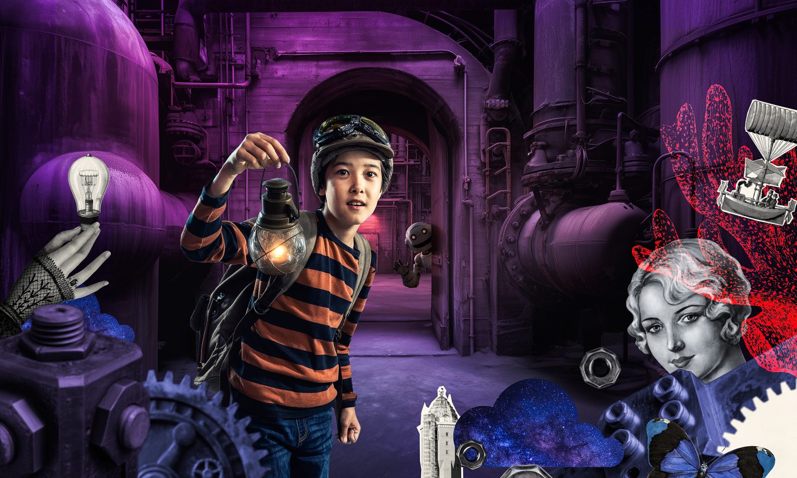 Leikirjamainen kuva, jossa on jännittävä tunnelma. Keskellä on nuori henkilö pitelemässä lyhtyä. Reinoilla ja takana tapahtuu ja näkyy monenlaista mm. robotti kurkistamassa.