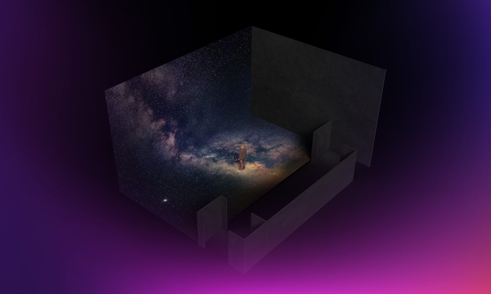 Visualisointimalli VISIO-tilasta, jossa seisoo henkilö.