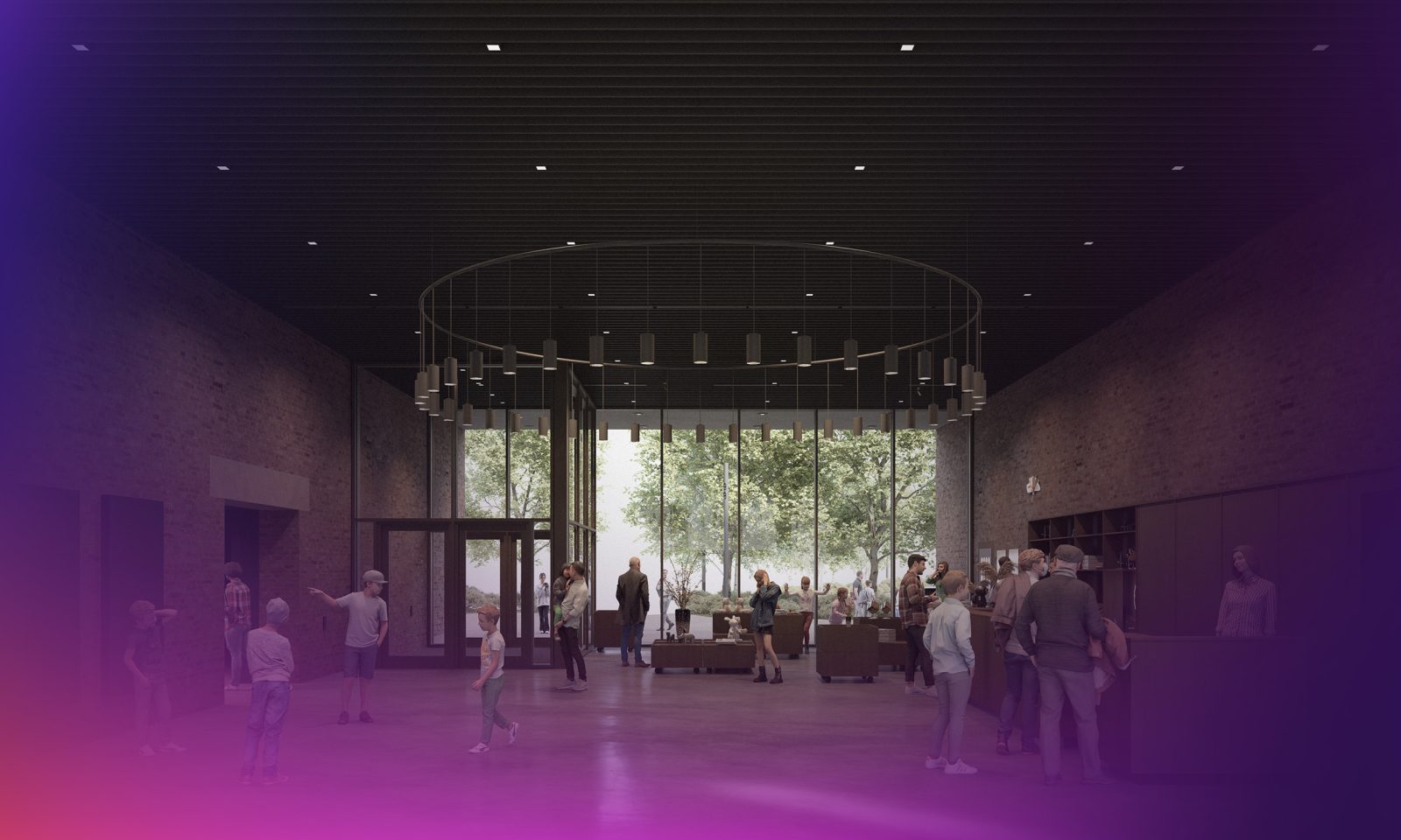 Luonnossuunnitelmakuva Tiiman aulasta. Aulassa on tiiliseinät, suuri kattovalaisia, kauppa, infotiski ja ihmisiä.